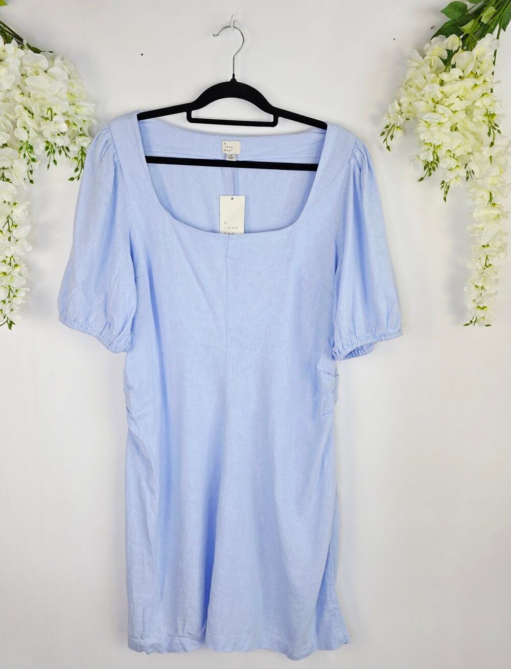 A New Day Mini Linen Dress Size 16 Light Blue Puff Sleeve Cottage Coastal Beach